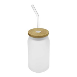 Glass Bottle with Straw and Bamboo Lid - Image 1