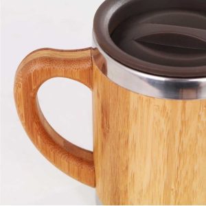 Bamboo and Stainless Steel Coffee Travel Mug with Handle and Lid - Image 5